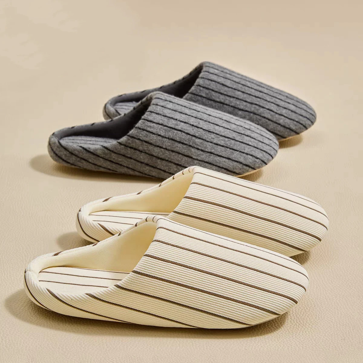 

Concise Striped House Slippers Women Men Spring Autumn Floor Shoe Breathable Slides Non-Slip Couple Bedroom Flats Japanese Style