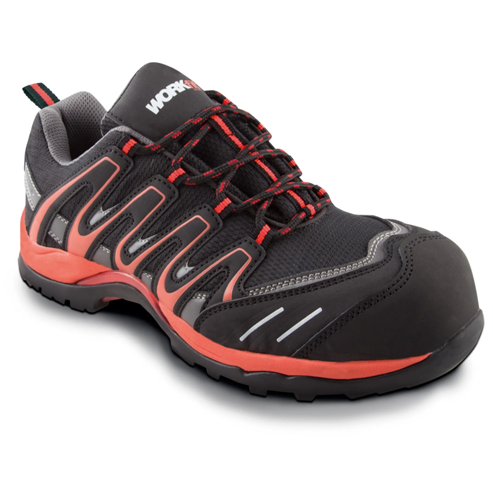 Zapato de seguridad ESD Workfit Trail negro y rojo | Calzado laboral tipo zapatilla ligero y cómodo S1P SRC Profesional