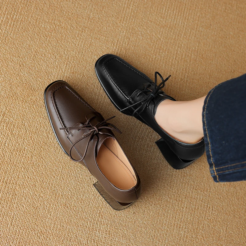 2026 new spring autumn women pumps natural leather plus size 22-26.5cm cowhide+pigskin round toe lace-up loafers women shoes
