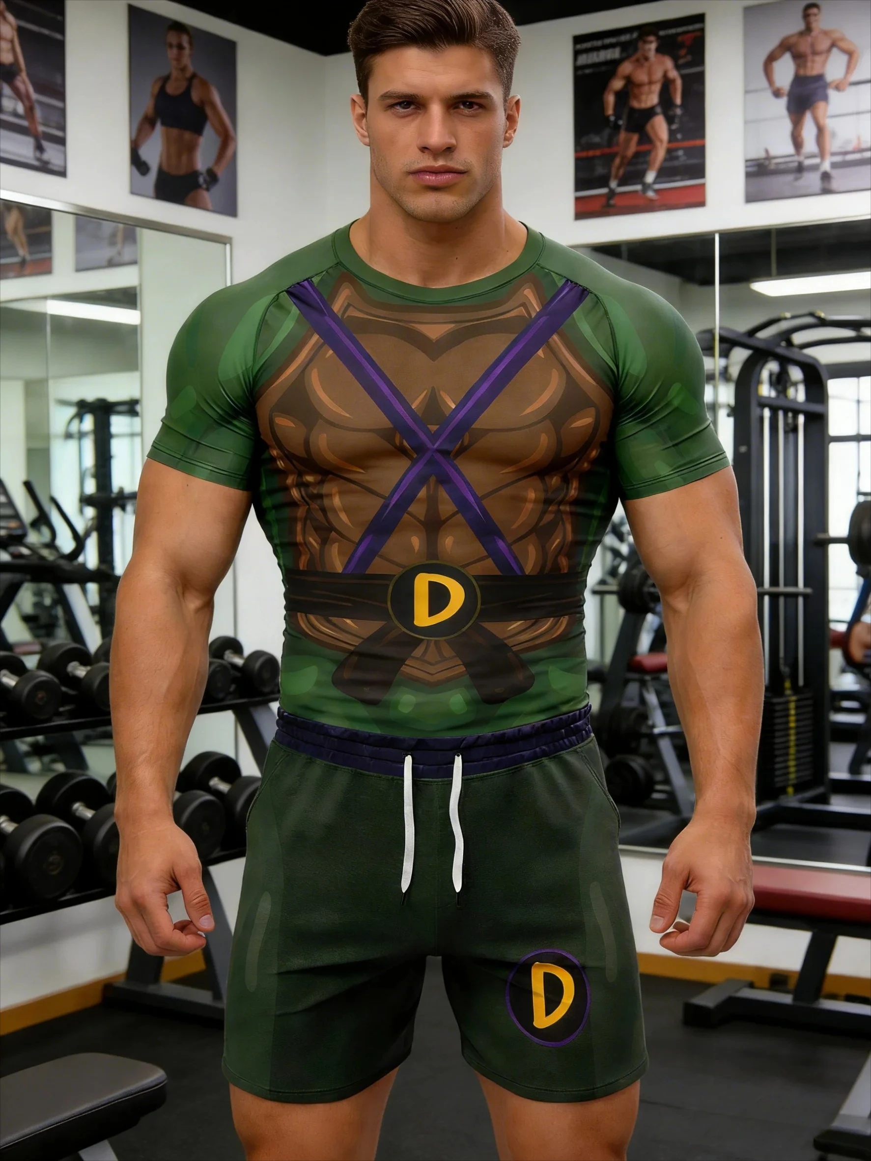 

2026 Summ New Ninja Turtles Four Brothers Jujutsu Fitness T-shirt Set Men's Sports Short Sleeve Running Shirt with Breathability