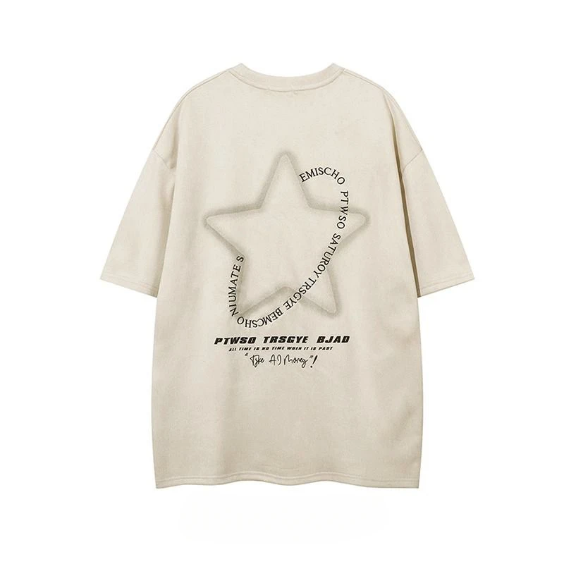 

American original fashion brand national trend letter embroidered top five-pointed star printing lazy style Korean suede T-shirt