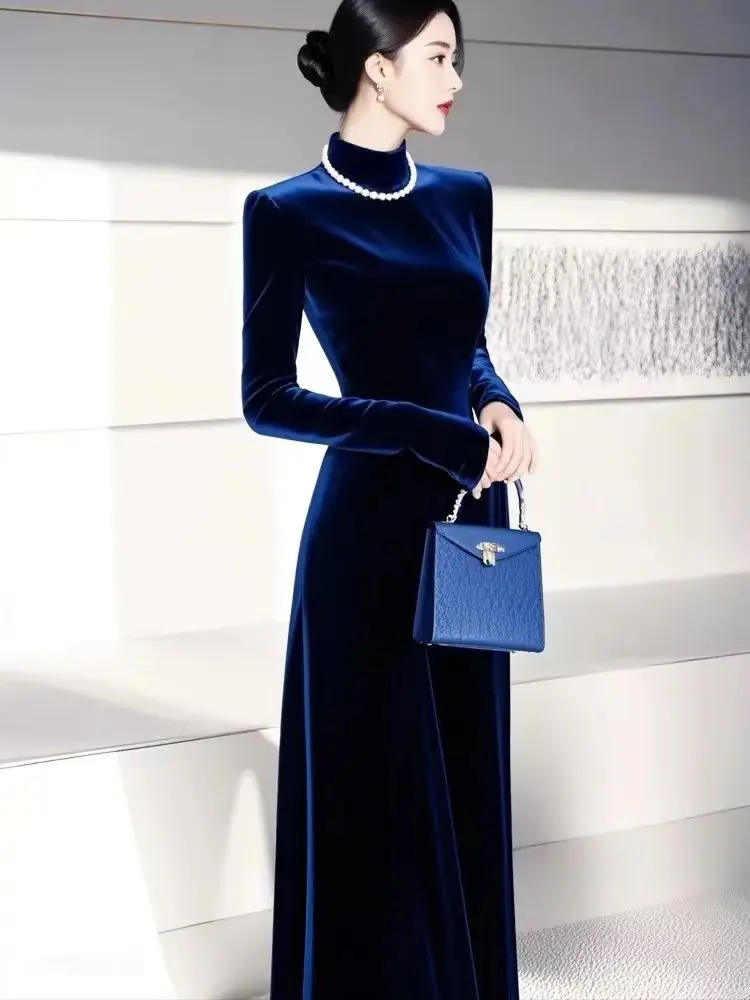 2025 ฤดูใบไม้ผลิฤดูใบไม้ร่วงผู้หญิง STAND COLLAR Elegant แขนยาว Slim ยาว Navy กํามะหยี่ชุดผู้หญิงฤดูใบไม้ร่วง Slim Velour Dresses