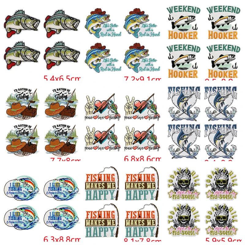 10PCS Outdoor Fishing Themed Iron On Embroidery Patches,Bass Fish Rod Slogan Patches for Jacket Backpack Hat DIY Clothing Decor