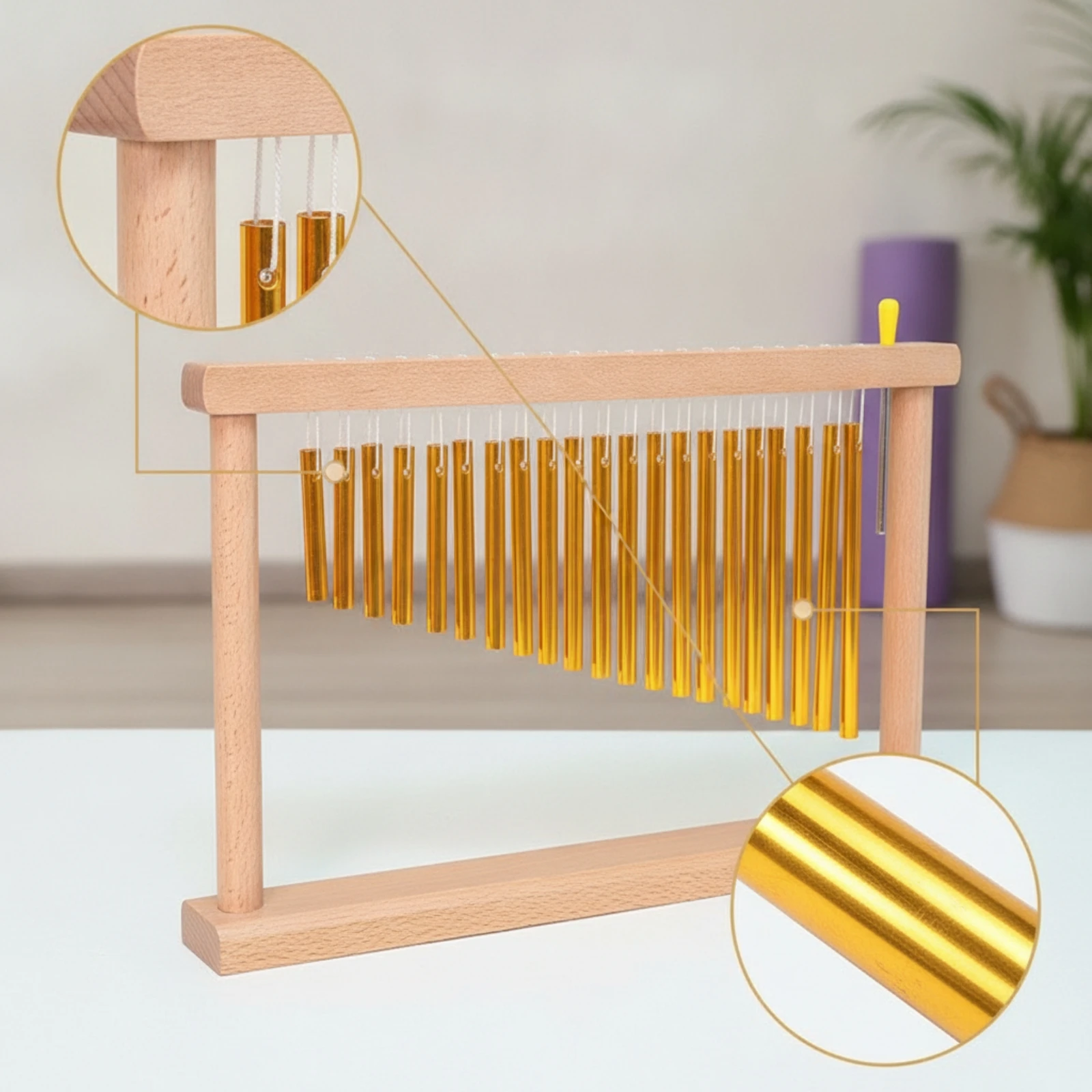 Tabletop Bar Chime 20 Gold Tubes Polished Wooden Frame Calming Sound for Meditation Therapy and Relaxation
