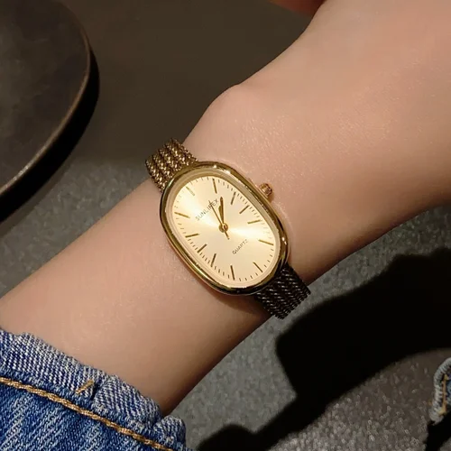 Imagen 2 del producto Relojes de Mujer, Reloj de cuarzo a la moda para Mujer, pulsera de acero, relojes de pulsera de malla dorada para Mujer, Reloj de vestir, Reloj para Mujer