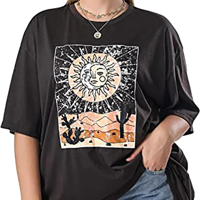 kuakuayu Sun Moon Cactus Desert Retro T Shirt Vintage Boho Style Short Sleeve Women T-Shirt Aesthetic Celestial Graphic Tee Top