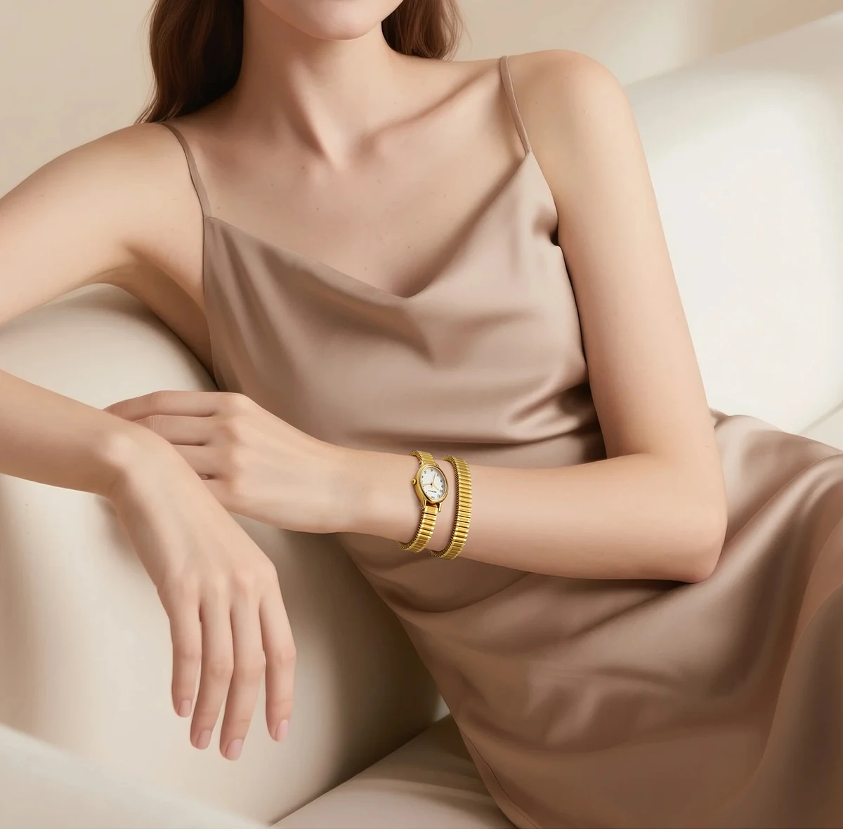 BERNY Goldene Uhren für Damen, luxuriöses goldenes elastisches Armband, elegante, leicht ablesbare Damenuhr, Stretch-Armband, Kleiderarmbanduhr – Detail 9