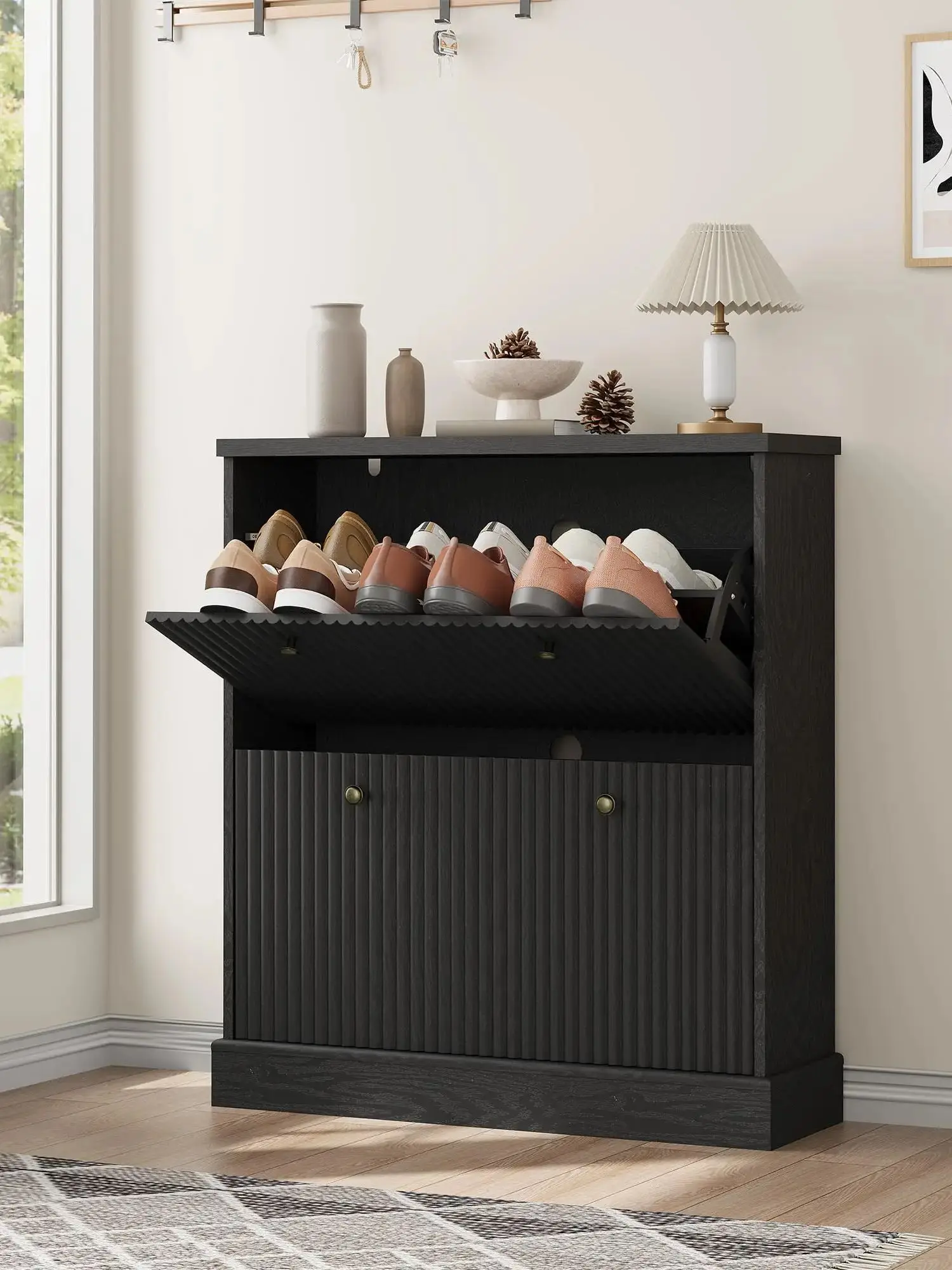 Schoenenkast met 2 draaibare laden, smalle schoenenorganizer voor de entree, verstelbare, uitneembare planken voor gang en hal - afbeelding 2