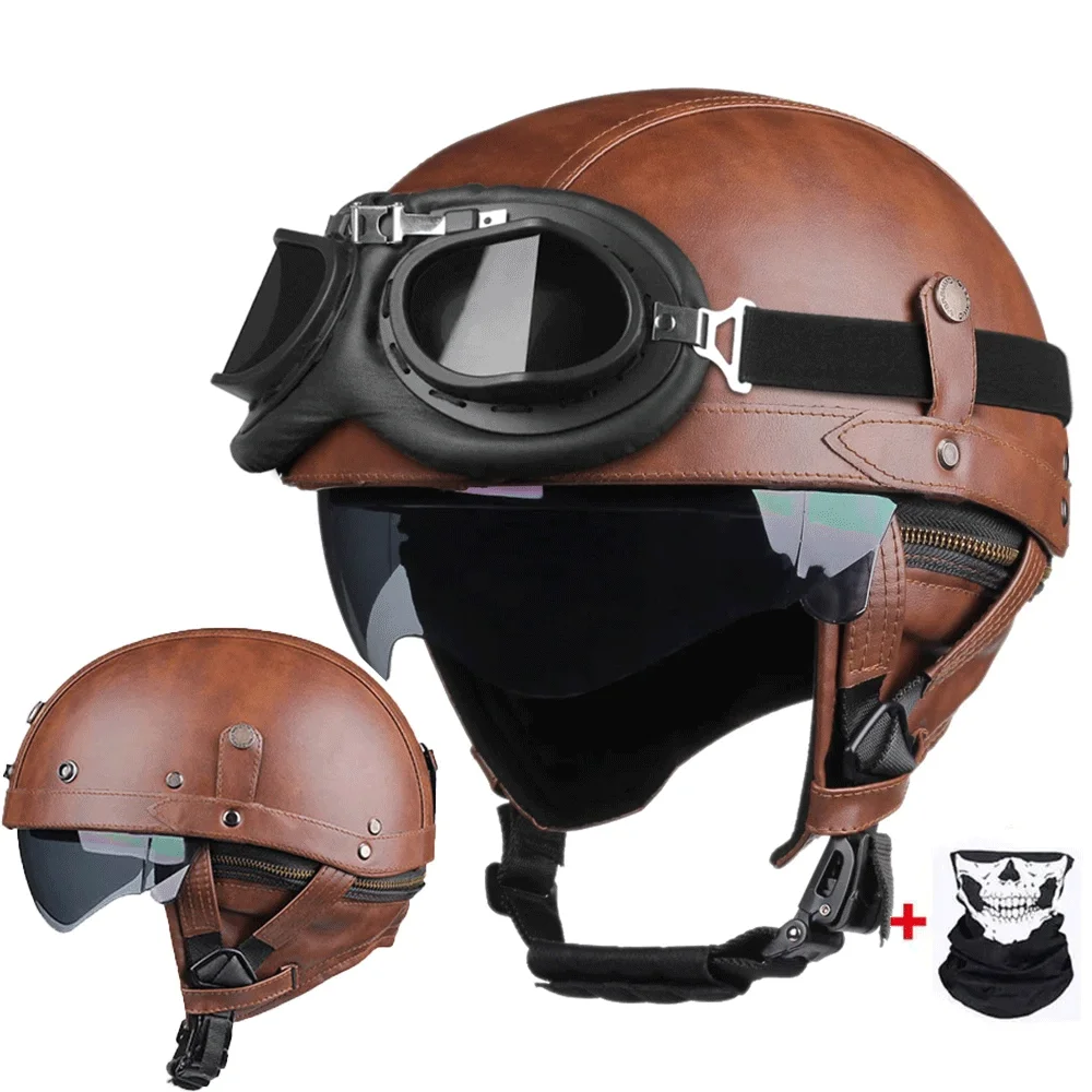 

Retro Helmet Motorcycle DOT Approved Casco Moto Leather Half Helmet Germany Style Vintage Helmet Motorbike Scooter Capacete