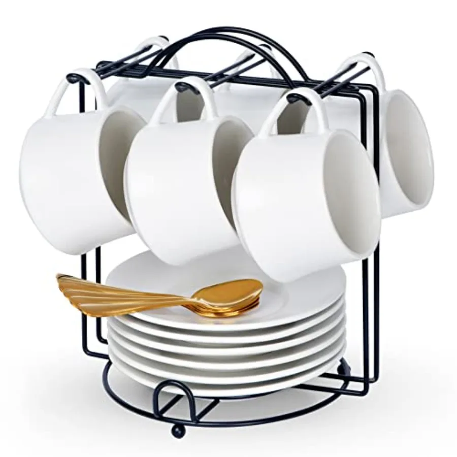 

Набор из 6 фарфоровых чашек для капучино объемом 7 унций, штабелируемые кофейные чашки с блюдцами, ложками и металлической подставкой – для специальных кофейных напитков