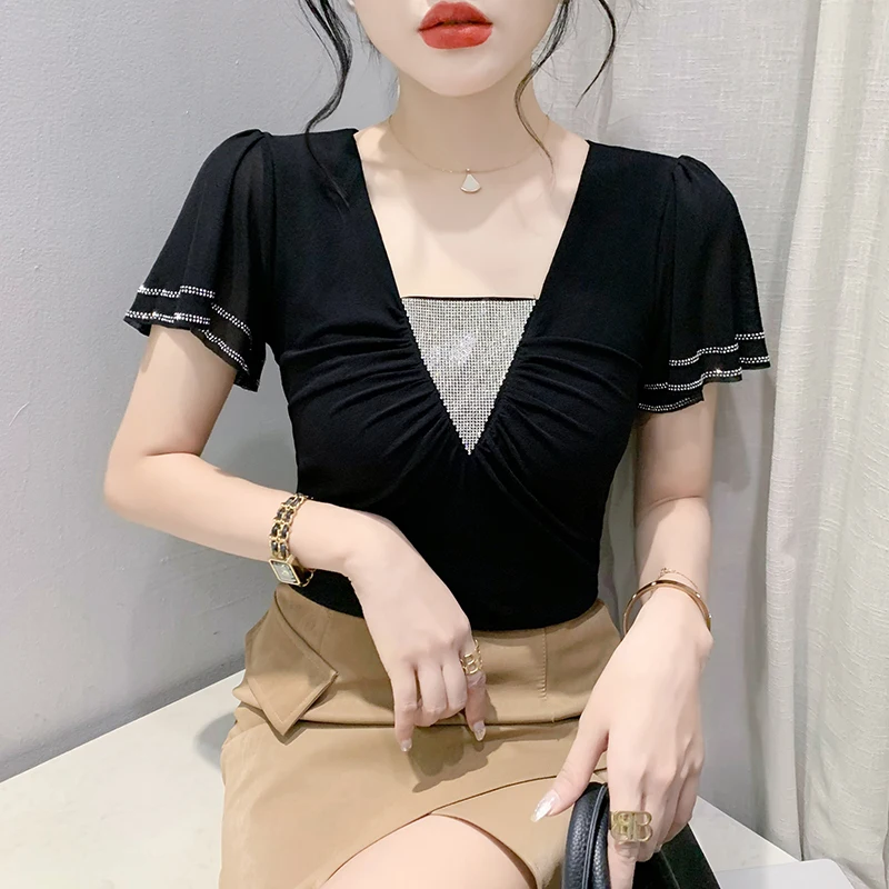 

Black Summer Korean Style Double Mesh T-Shirt Women Chic Sexy V-Neck Shiny Diamonds Tops Ruffles Sleeve Drilling Tees New 431826