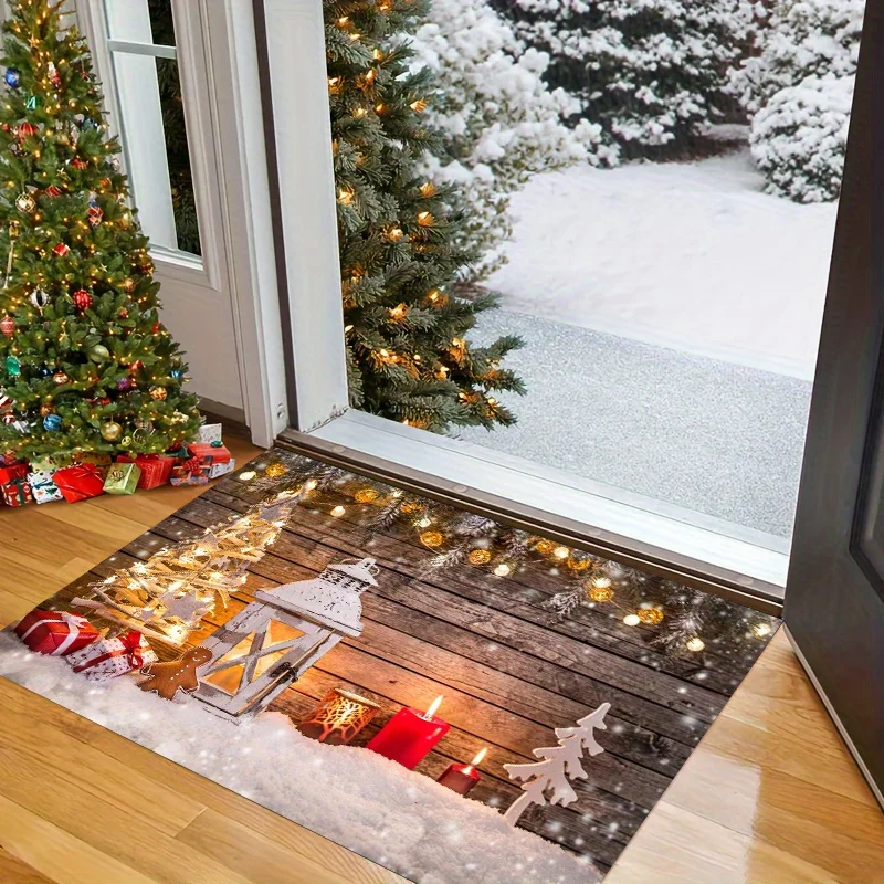 Winter Xmas Entry Rug Adorable Family Reindeer Plaid Scarf Christmas Ornament Gift Box Design Farmhouse Floor Mat