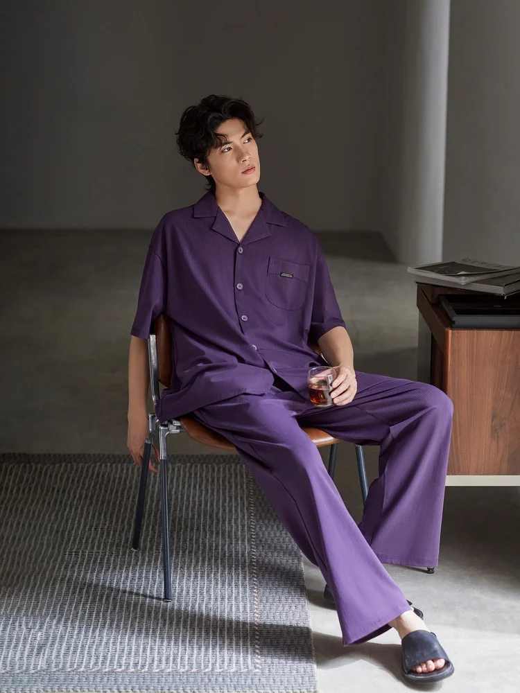 pijamas-de-algodon-puro-para-hombre-pantalones-largos-de-manga-corta-ligeros-para-verano-cardigan-abierto-a-rayas-ropa-para-el-hogar-suave-transpirable-y-comodo