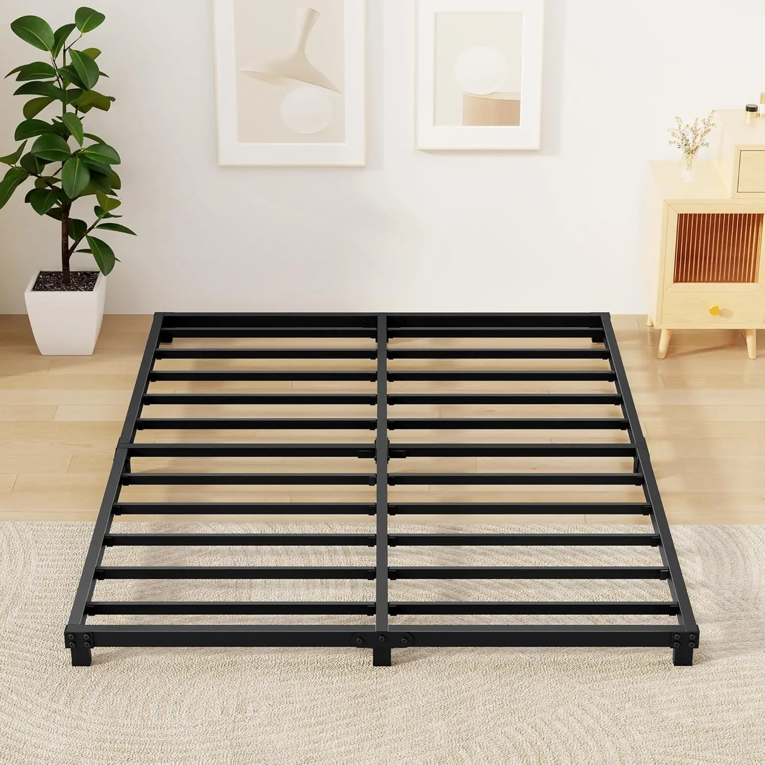 

4 Inch Bed Frames Queen Size Low Profile Metal Platform Bed Frame Heavy Duty Steel Slat Support, No Box Spring Needed, E