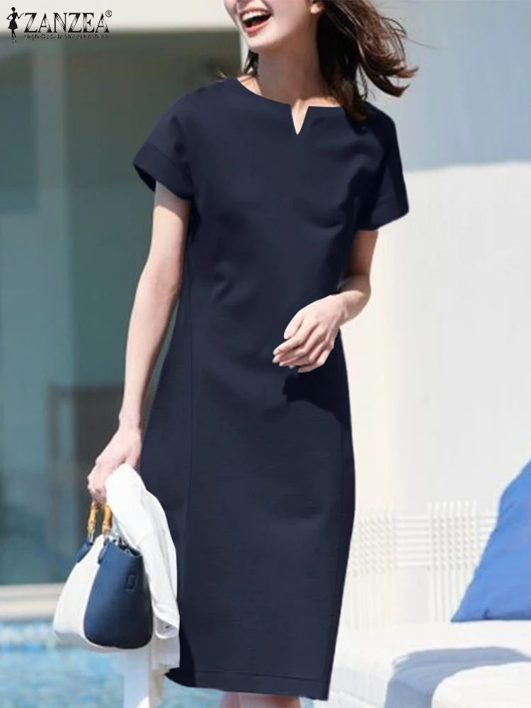 Moda letnia sukienka z krótkim rękawem solidna sukienka ZANZEA sukienki damskie 2025 moda praca do kolan szata Casual Holiday Vestido Kaftan