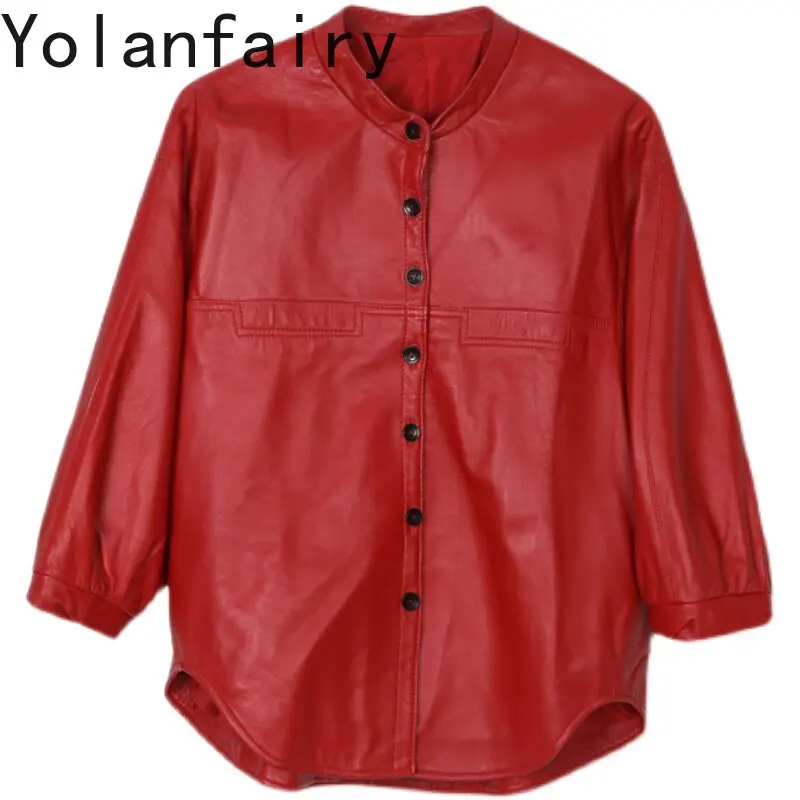 

YOLANFAIRY Genuine Sheepskin Shirt Style Leather Jacket Women Autumn Stand Collar 3/4 Sleeve Korean Fashion Real Leather Coat