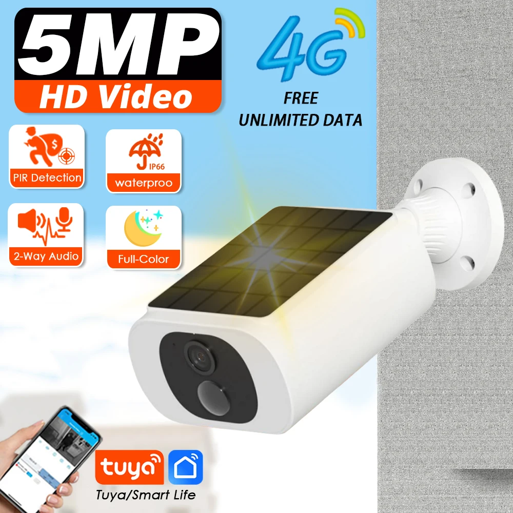 

Tuya 4G Wifi Solar Bullet Camera Outdoor 5MP Waterproof Battery Powered CCTV Surveillance Security Camera Wireless Two Way Audio