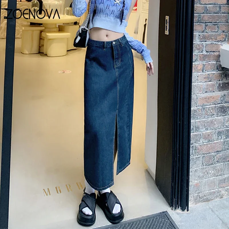 ZOENOVA 2023 Summer New High Waist Straight Denim Skirt Women Vintage Split Fork Blue Long Irregular Casual Denim Pencil Skirt