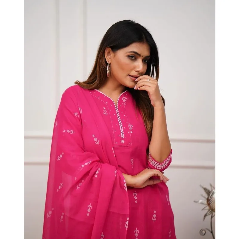 Fully Stitched Pink Straight Salwar Suit Kurti Pant & Dupatta Pakistani Dress