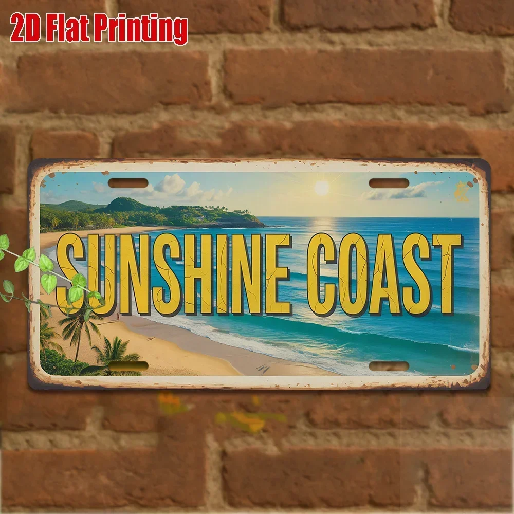 2D Flat Retro Metal License Plate Sunshine Coast Aluminum Sign with Tropical Beach Scene, Coastal Country Wall Art