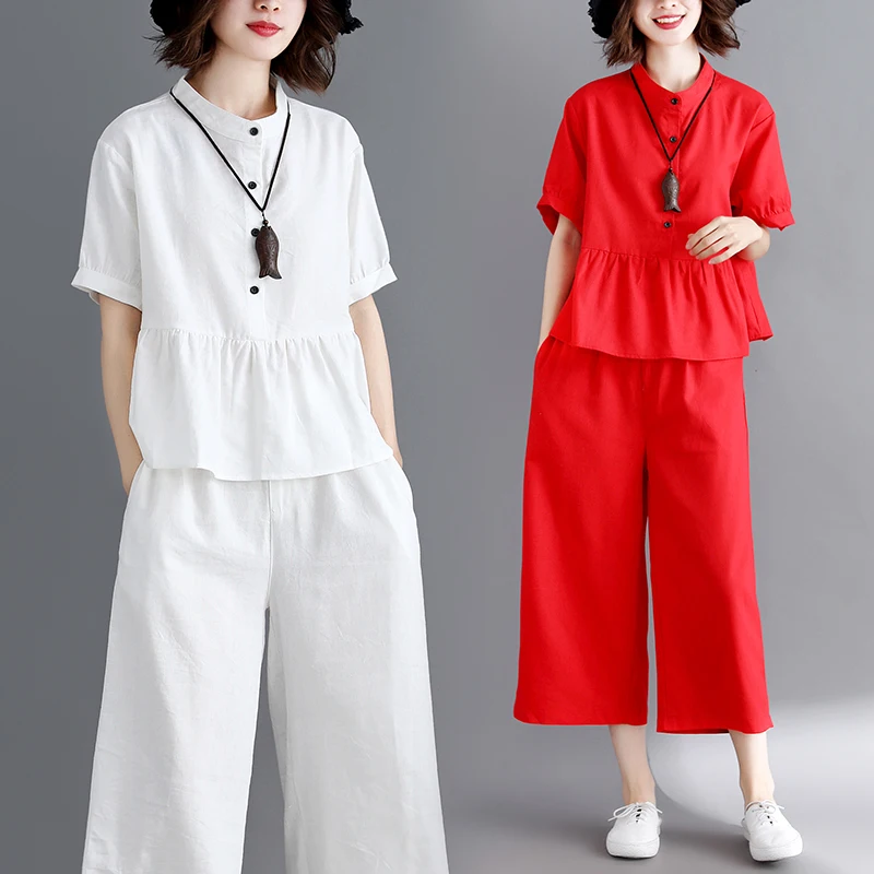 

Summer Oversize Cotton Female Set Loose Women's Pants Suit Top Wide-leg Trouser Suits Female Fashion Casual Ladies 2 Piece Set