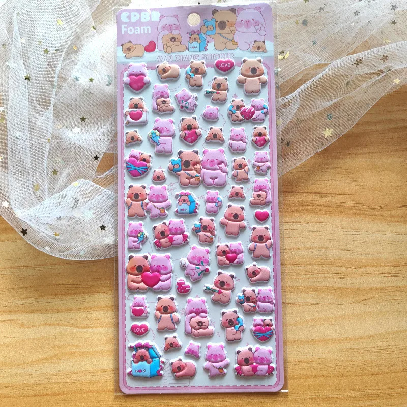 4 Pcs Capybara Cubs & Bears Soft Kids' Cartoon Bubble Stickers - 3D Soft Decor, Cute Embellishments for Scrapbook Diary Notebook