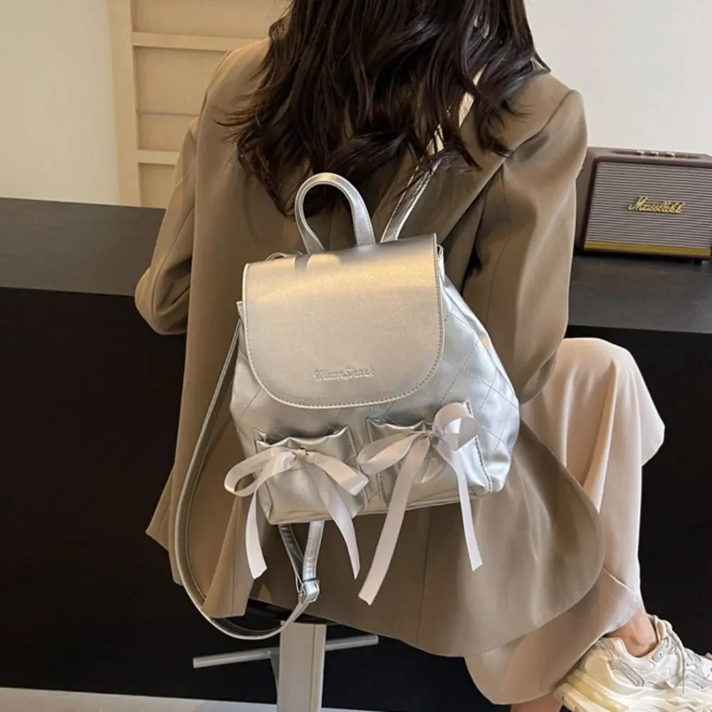 

Korean Style Bowknot Backpack Double Bow Ballet Style Nylon Drawstring Knapsack Solid Color Large Capacity Y2k School Bag