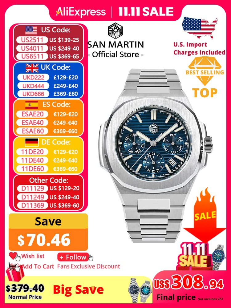 

San Martin 43mm Miyota 9120 Multi-function Men Luxury Dress Watch Waffle Texture Dial Business Automatic Mechanical 10Bar BGW-9