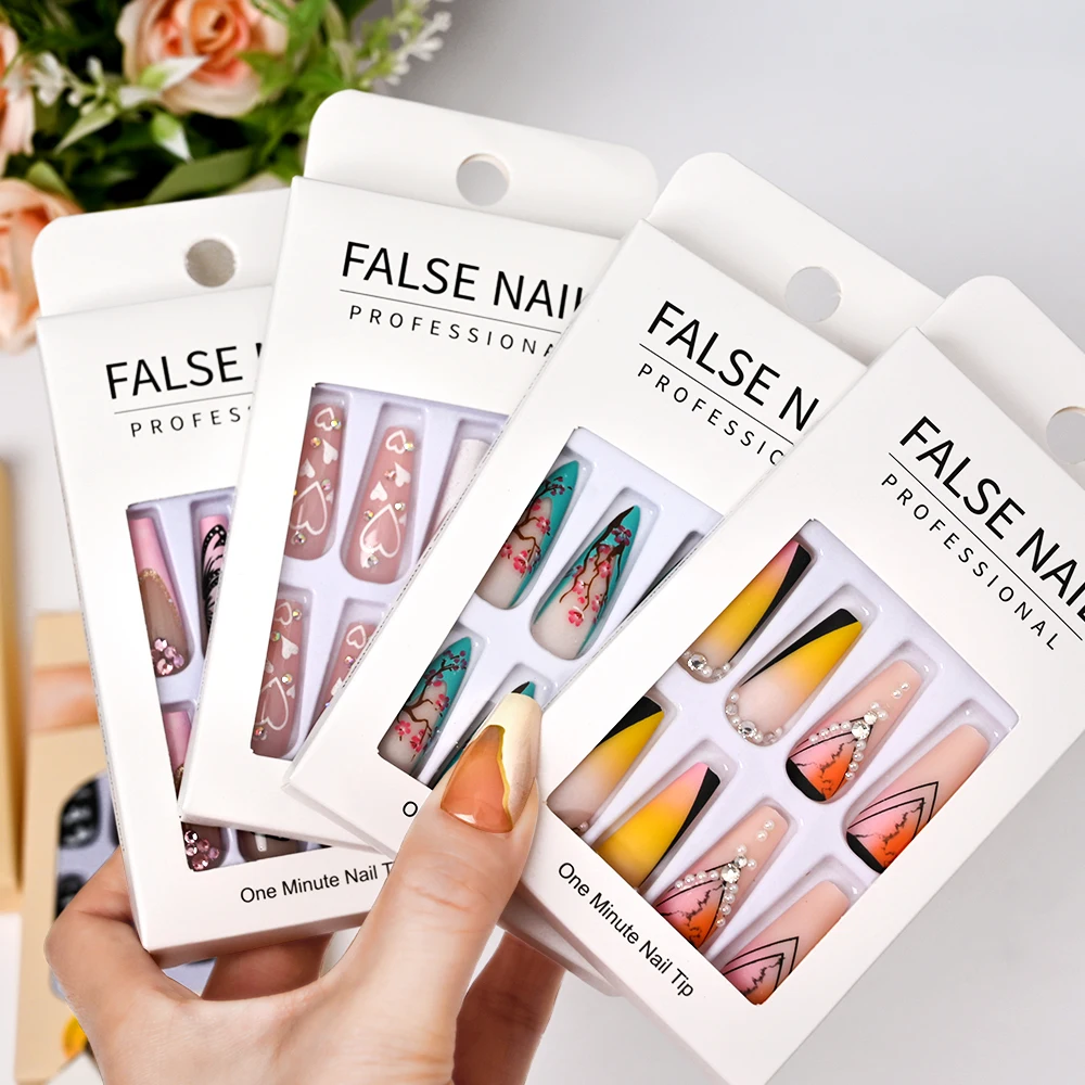 24pcs/box Fake Nail Long Ballet Reusable Acrylic Press On Nails Artificial Nails Full Cover False Nail Tips with Jelly Stickers