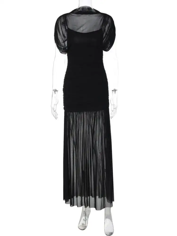 Blifanbo Mesh Sexy Ruched Maxi Dress Women Gown Elegant Half High Collar High Waist Sleeveless Bodycon Club Party Long Dresses