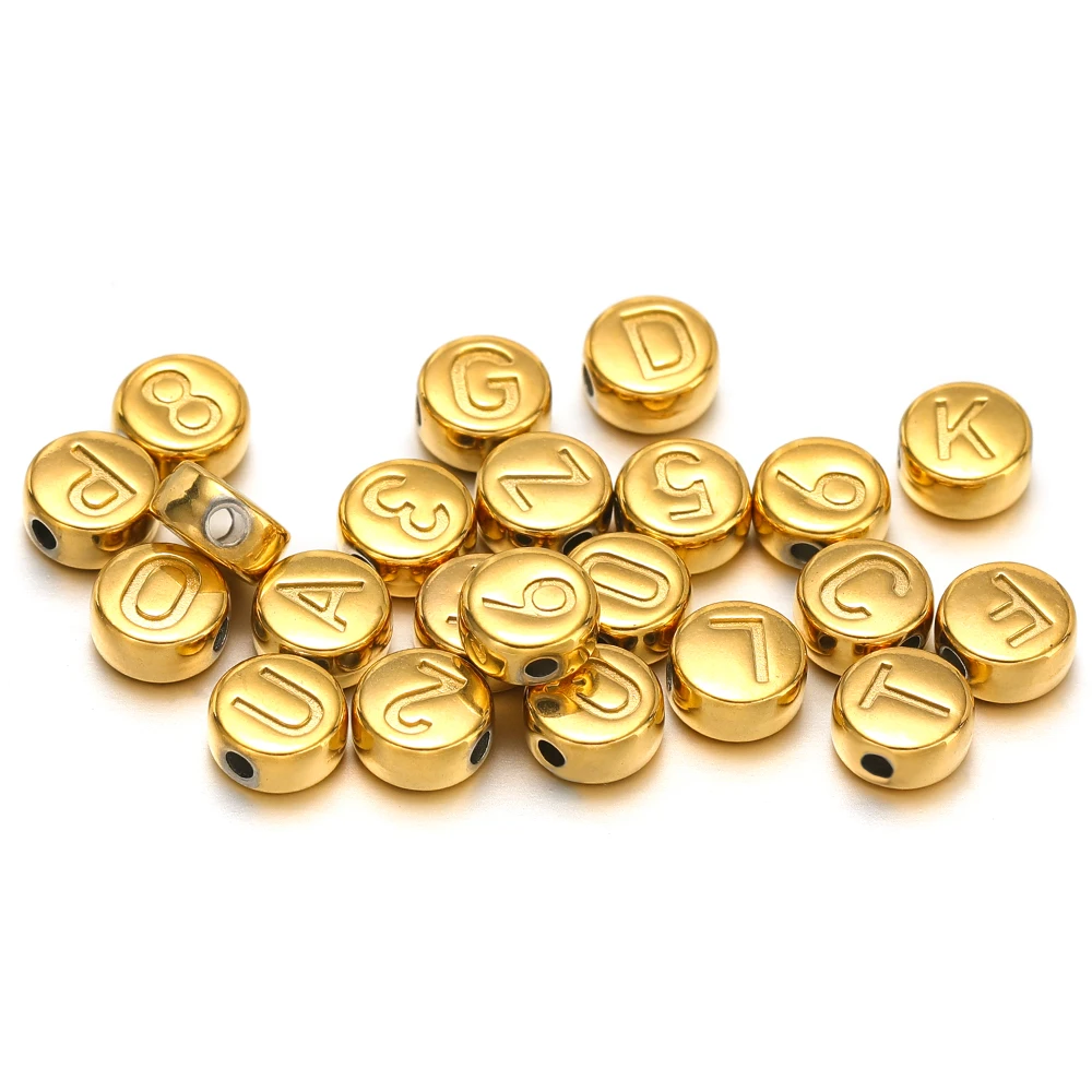 

10pcs Stainless Steel 7mm Round Beads Gold Letters Figures Loose Spacer Beads for DIY Necklace Charms Jewelry Bracelet Making