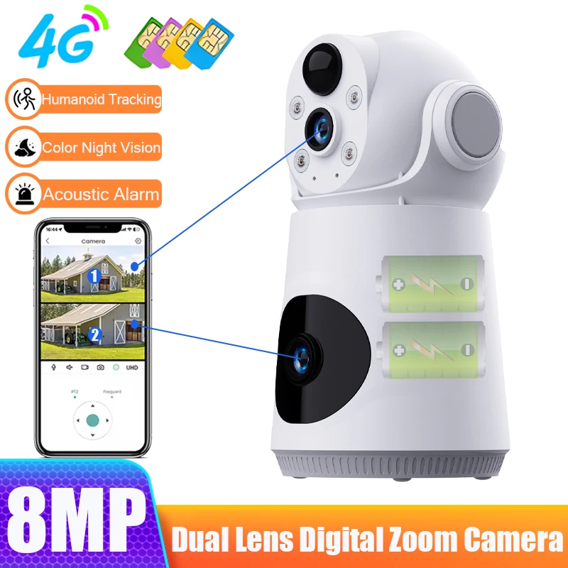 デュアルレンズip監視カメラ4g-simカード屋内家庭用4k高透明度モニター双方向オーディオセキュリティ保護8mp