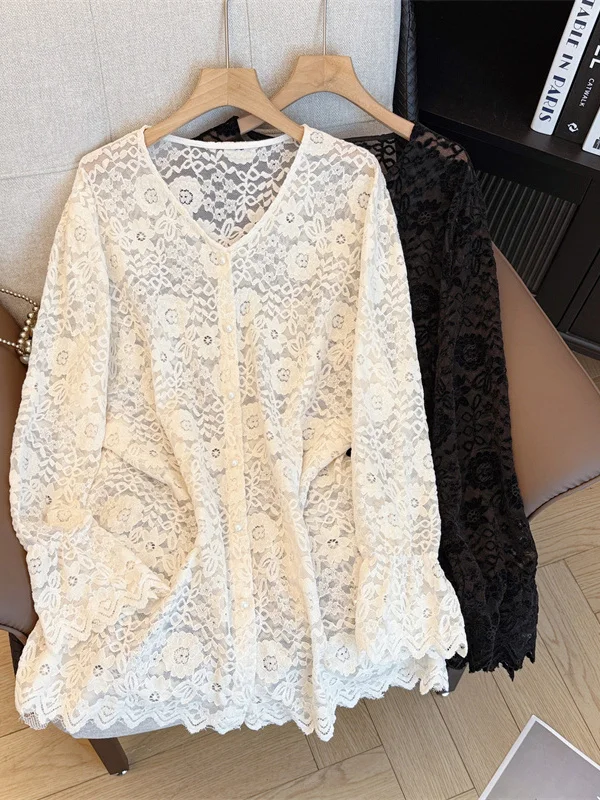 

Весна 2026, новинка, однотонный кружевной повседневный топ с одной пуговицей V Ne Long Sve, женский топ больших размеров Faion