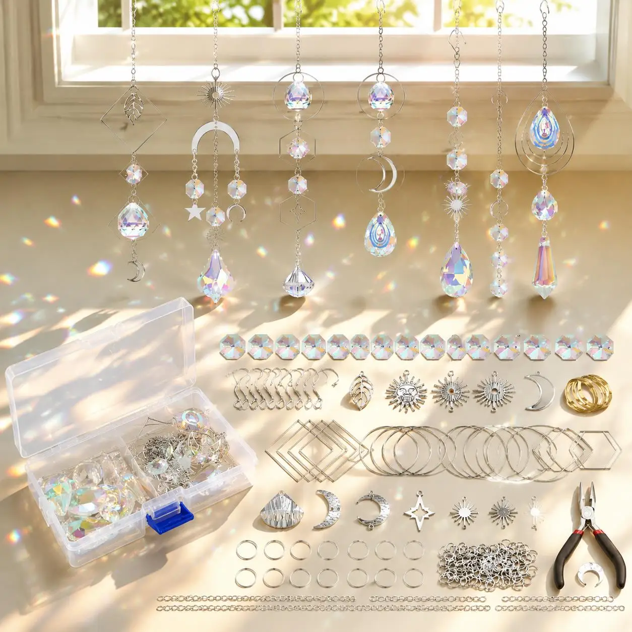 Bulk DIY Light Catcher Components – Metal Charm Sets with Rainbow Crystal Drops, Ideal for Wedding Decor, Festival Crafts TMZ