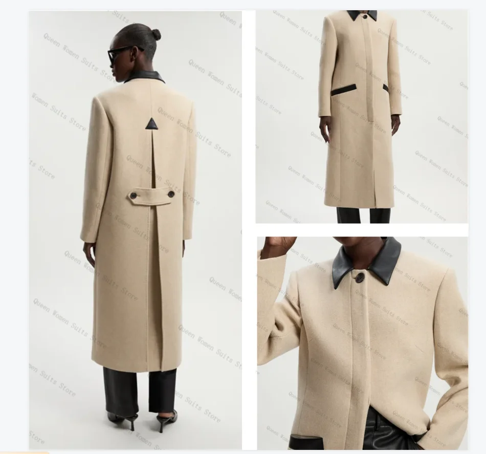 

Beige Cashmere Leather Women Suit 1 Pcs Long Blazer Prom Dress Winter Formal Office Lady Jacket Winter Wool Overcoat Customized