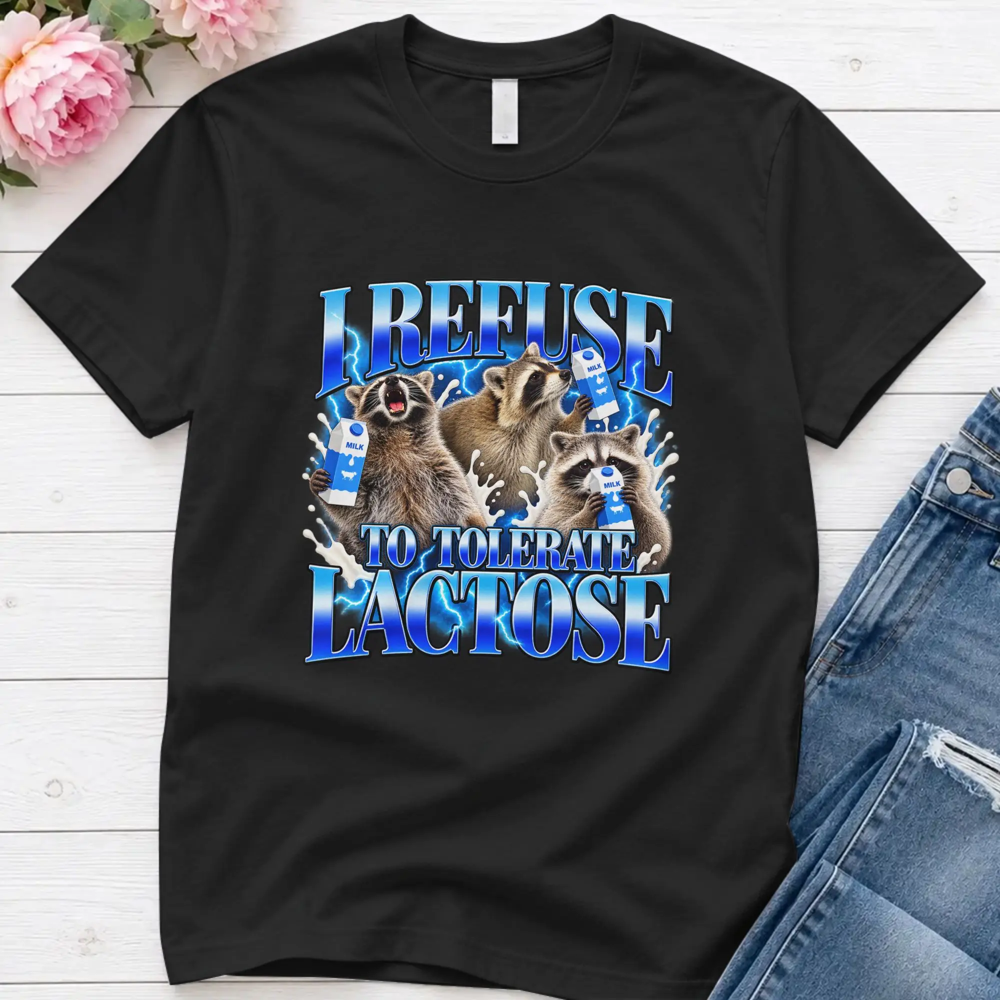 Lactose Intolerant Funny Cat Meme  T-Shirts Men  Novelty 100% Cotton Tee Shirt Crewneck Short Sleeve T Shirt Plus Size Clothing