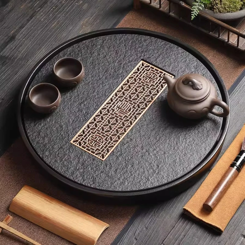 Bandeja de té redonda moderna, bandeja de piedra con drenaje para servir té, bandeja decorativa de cerámica para sala de estar, hogar, estilo imperial antiguo.