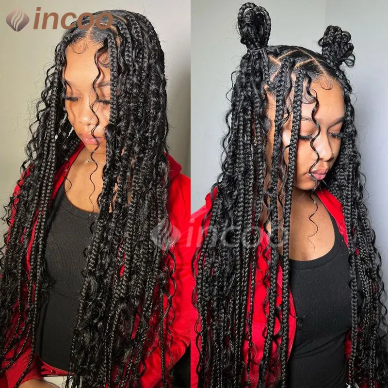 Synthetic Boho Box Braided Wigs Full Lace Wig For African Women 32'' Bohemia Braids Wig Jumbo Braided wigs Lace Frontal Wig