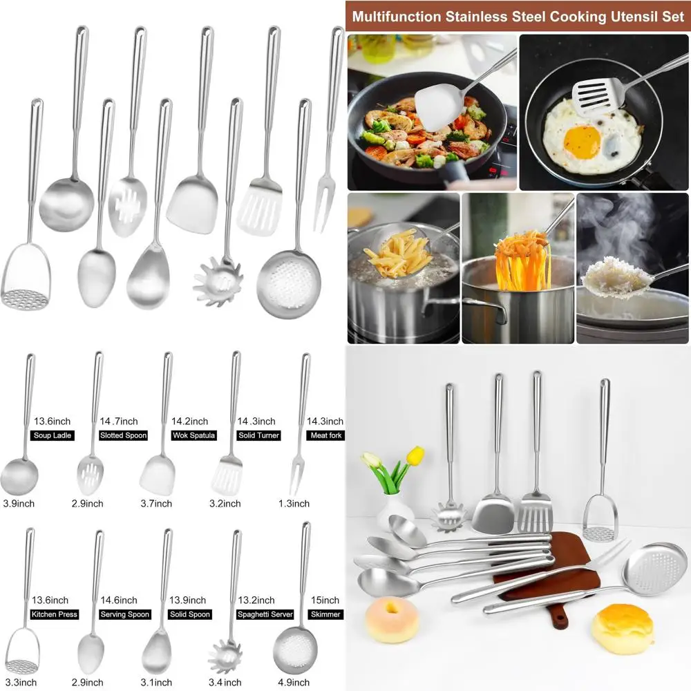 

10-Piece Stainless Steel Kitchen Utensil Set with Wok Tools: Spoon, Fork, Spatula, Ladle, Skimmer, Turner, Pasta Server