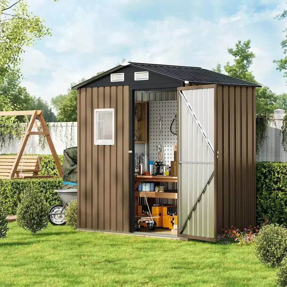 Durable 6x4ft Outdoor Steel Shed with Lockable Door and Window for Garden and Patio Storage in Brown