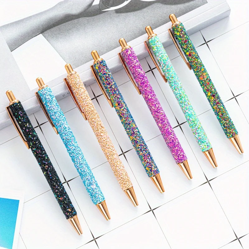 5pcs Random Color Bling Sparkly Metal Pens, Retractable Ballpoint Pens Cute Black Ink Fine Point Gift Pens
