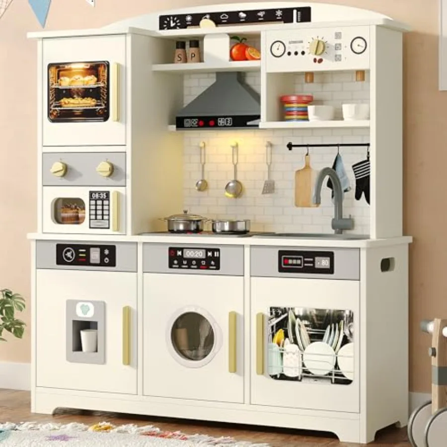 

Play Kitchen for:Wooden Toy Kitchen Set in White with Plenty of Play Features Accessories, Toddler Pretend Play Kitchen, Gift f