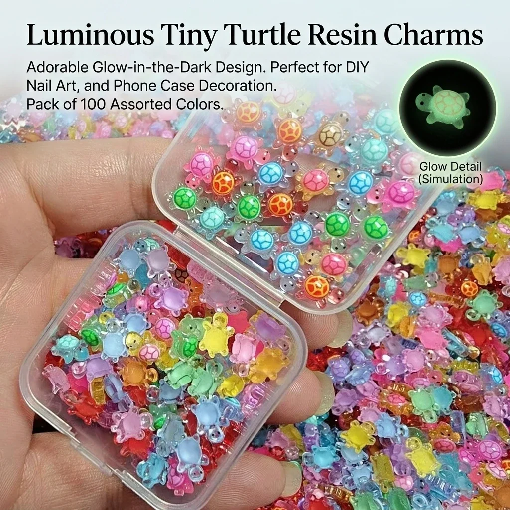 100 Stück Mini leuchtende Schildkröten, sichere, umweltfreundliche Harz-Nagelkunst-Dekorationen, DIY-Bastelarbeiten und Maniküre – Detail 9