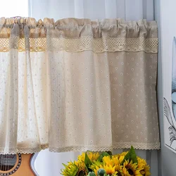 Valance Short Window Curtain Floral Embroidery with Lace Linen Semi-sheer Kitchen Curtains W140xL50cm Rod Pocket Farmhouse Decor