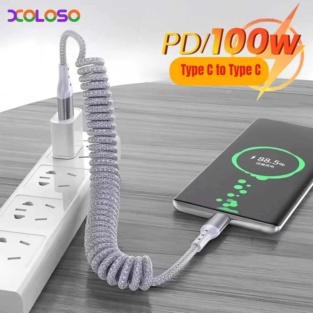 100W Car Spring Cable Short Type C To USB C Cable Fast Charging Phone Data Cable For iPhone 15 for Samsung S25 S23 USB C Cable