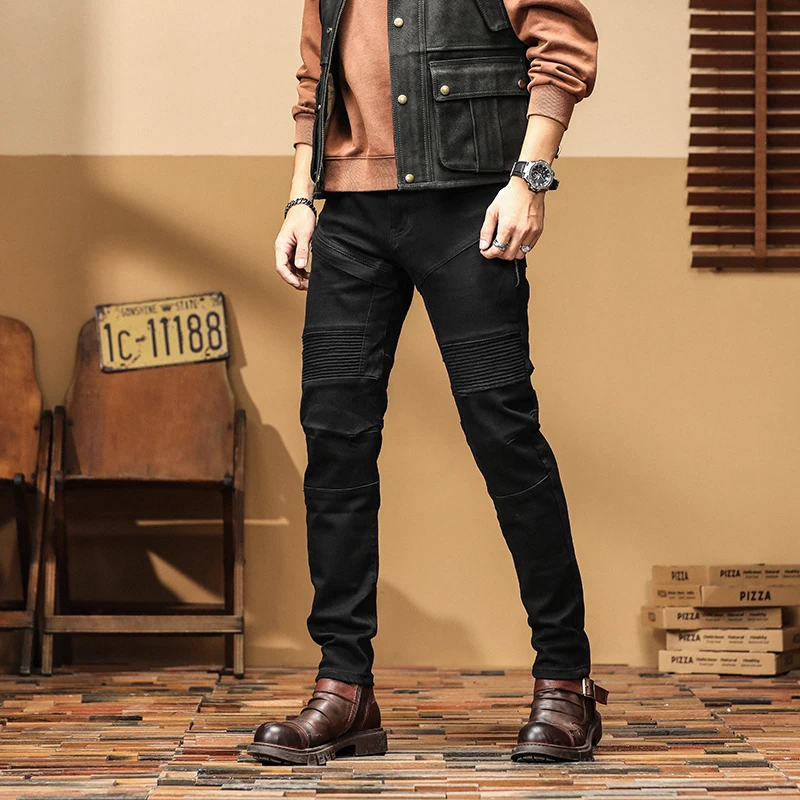 

Trendy Bla Motorcycle Jeans Men's Slim Fit Elastic Tead Splicing Autumn Casual Long Pants Cotton Stretch Denim Youth Sle