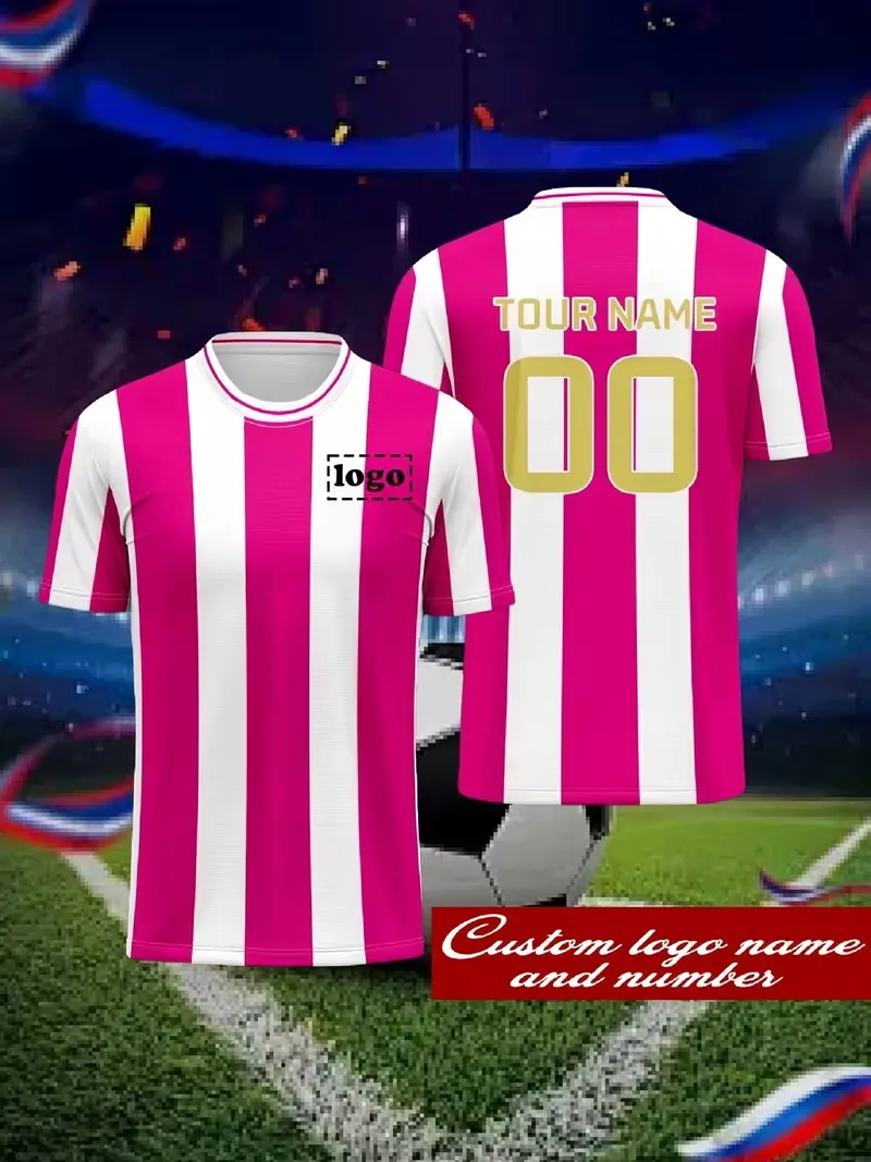 Custom Name Pink White Striped Soccer Jersey For Men Women Personalized Team Name Number Logo Football Shirt Sports Uniform