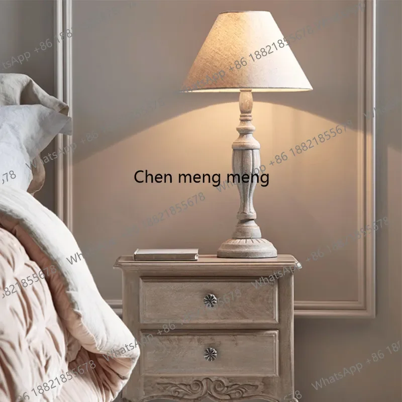 D80 American retro old solid wood table lamp creative fabric study decoration bed lamp