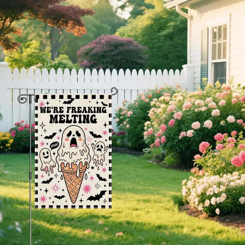 We're Freaking Melting Funny Summerween Halloween Garden Flag 12x18'' | Double Sided Cute Ghost Ice Cream Hallow kkz
