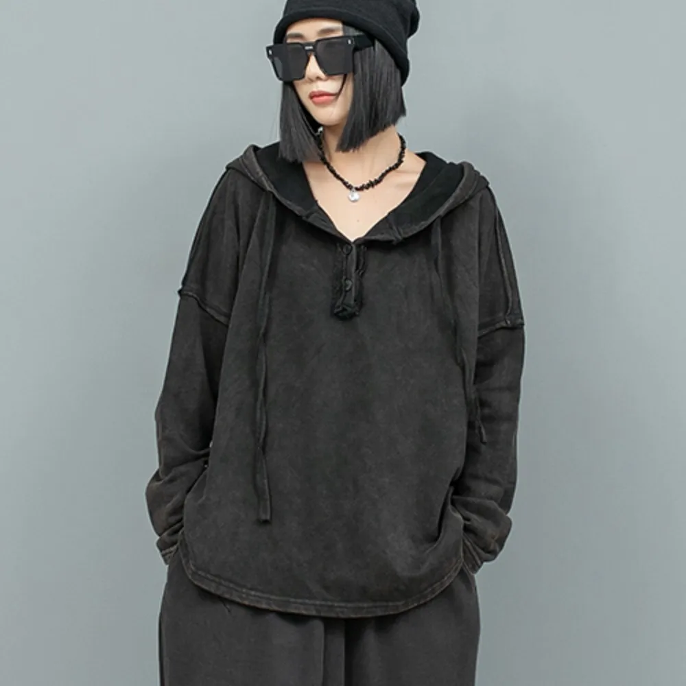 Velvet Thick Hooded Sweatshirt Women 2024 Autumn Winter Loose Fashion Black Hoodie LX2509